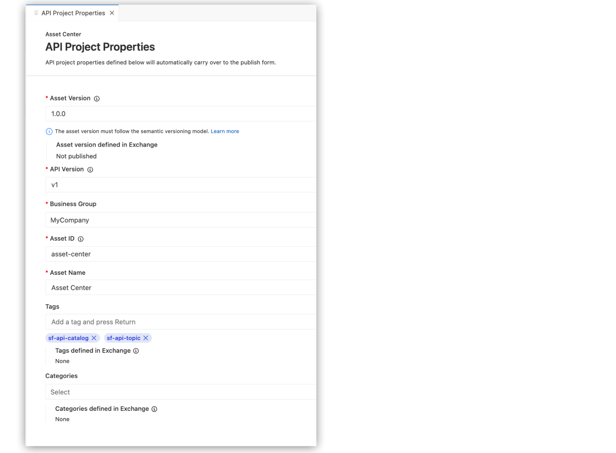 sf-api-catalog タグと sf-api-topic タグが適用された[API Project Properties (API プロジェクトプロパティ)] タブ