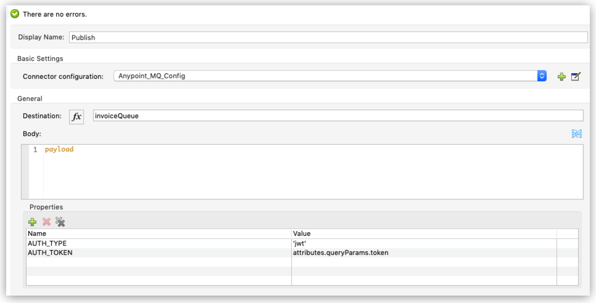 AUTH_TYPE 属性と AUTH_TOKEN 属性が表示されているコネクタ設定