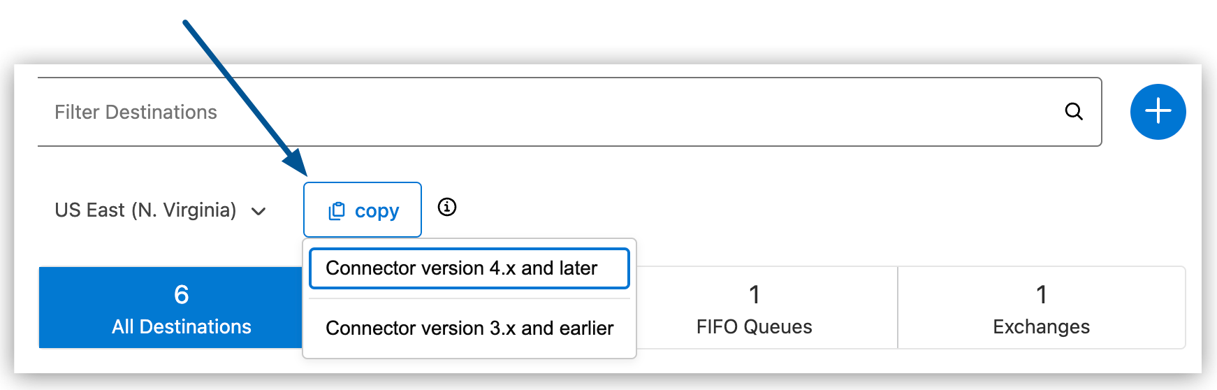 Anypoint MQ Destinations page showing the Copy button and the Connector version dropdown